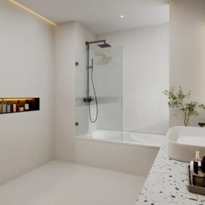 GUNMETAL GREY Curved Corner Fixed Bath Screen
