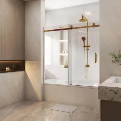 BRUSHED GOLD Frameless Sliding Bath Screen