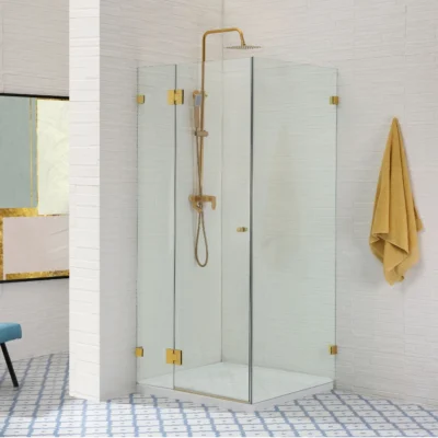 BRUSHED GOLD Frameless Wall to Wall Pivot Hinge Door (L-Shape)