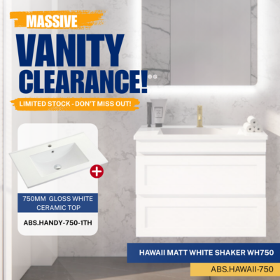 Riva Hawaii Wall Hung Vanity 750mm – Matte White with Ceramic Top