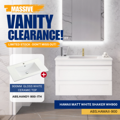 Riva Hawaii Wall Hung Vanity 900mm – Matte White with Ceramic Top