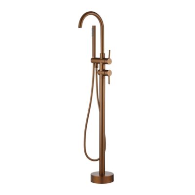 Round Brushed Copper Freestanding Bath Mixer With Handheld Shower