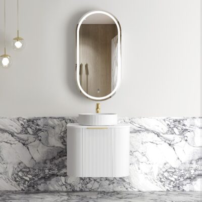 600mm Matte White Bondi Satin Fluted Wall Hung Curve Vanity