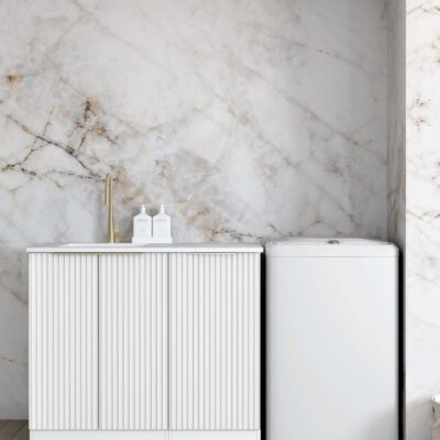1060mm White Noosa Fluted Base Laundry Cabinet with Stone Top & Sink