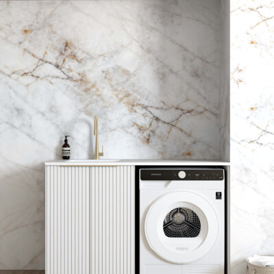 1300mm White Noosa Fluted Base Laundry Cabinet with Stone Top & Sink