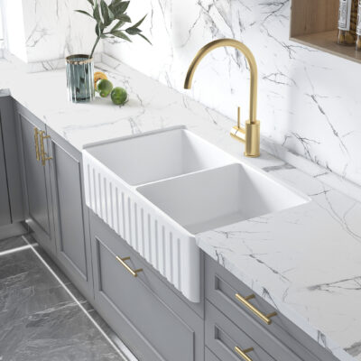 853 x 461 x 255mm Gloss White Otti Boston Fireclay Double Bowl Butler Sink